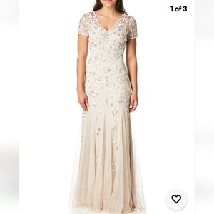 Adrianna Papell beaded godet gown. Color: biscotti      New With Tags Size 16